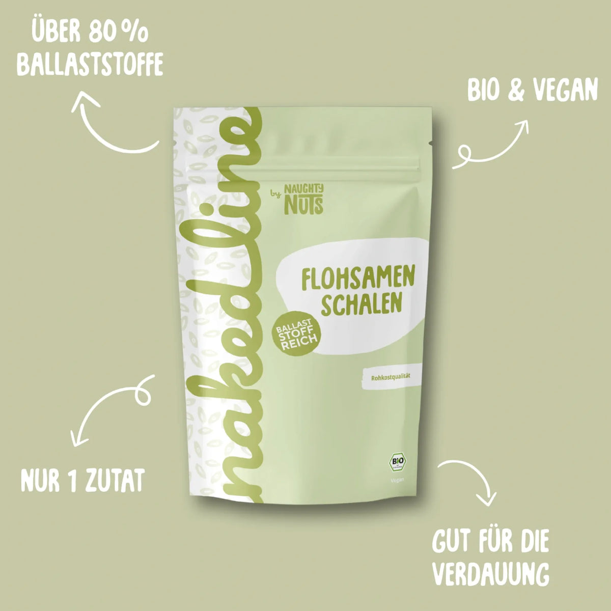 Verpackung von Flohsamen Schalen mit Hinweisen zu Ballaststoffen Bio Qualität und veganer Zutatenliste