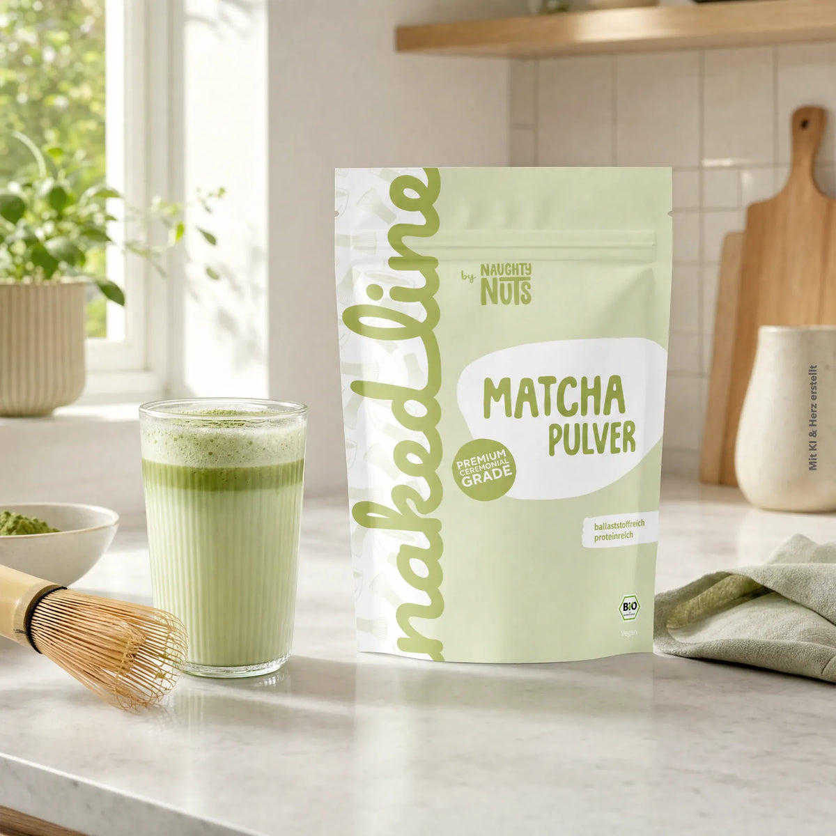 Naked Line Matcha Pulver Packung neben einem Glas Matcha Tee und einem Bambusbesen auf einer Küchentheke