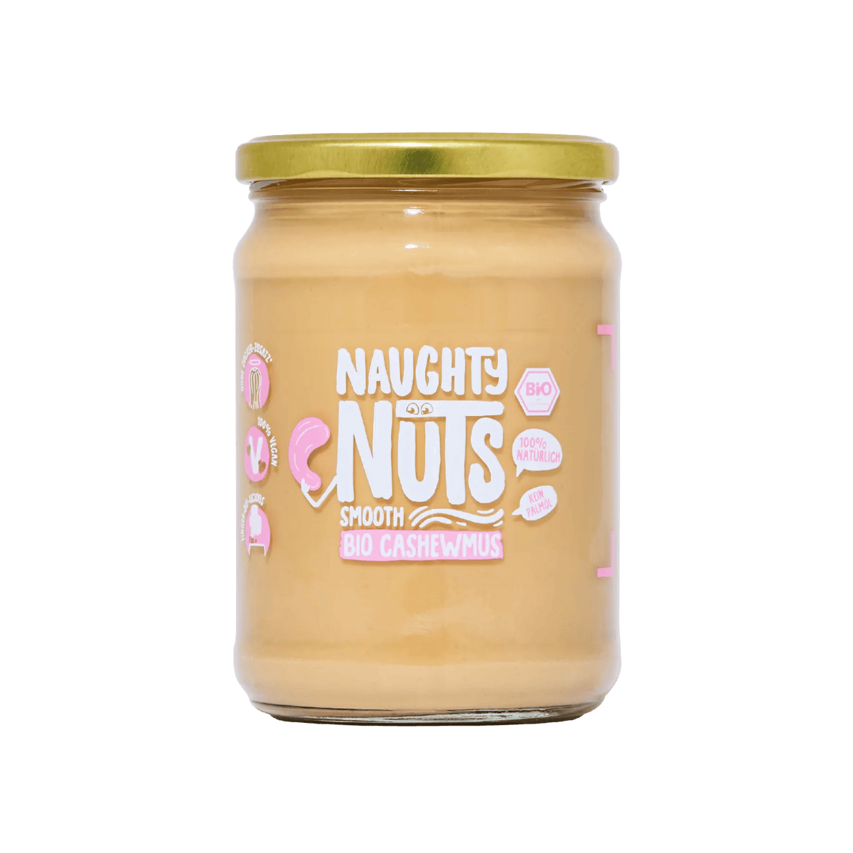 Bio Cashewmus Smooth im 500g Glas mit Naughty Nuts Logo