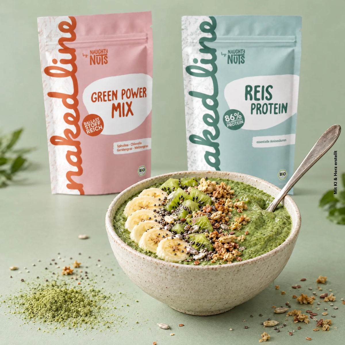 Green Protein Bowl mit Green Power Mix und Reisprotein.