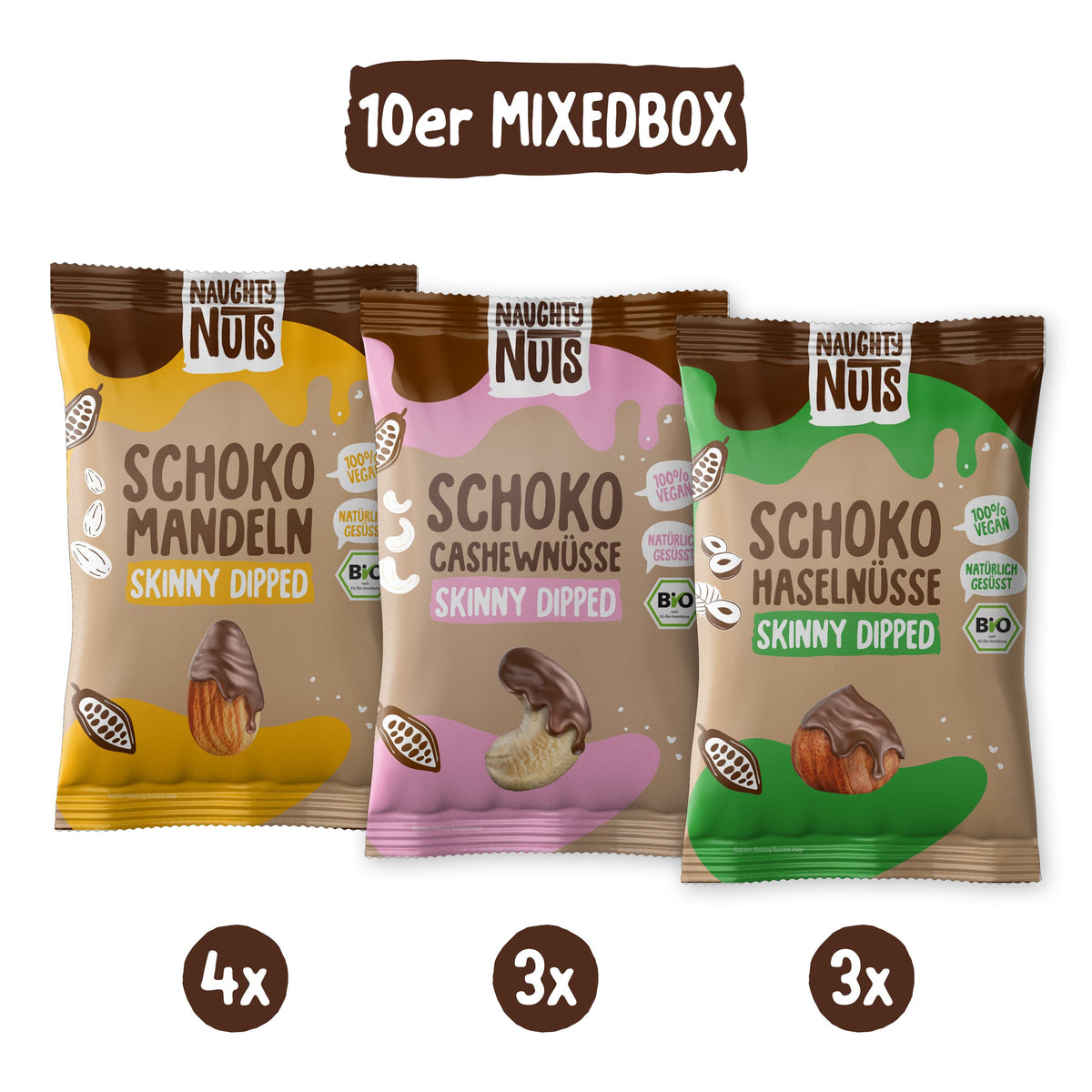 Bio Mixed Box Schoko-Nüsse mit Mandeln Cashews und Haselnüssen in 10er Packung