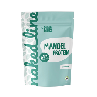 Verpackung von Naughty Nuts Mandel Protein mit 53 Prozent Proteingehalt und Bio Siegel