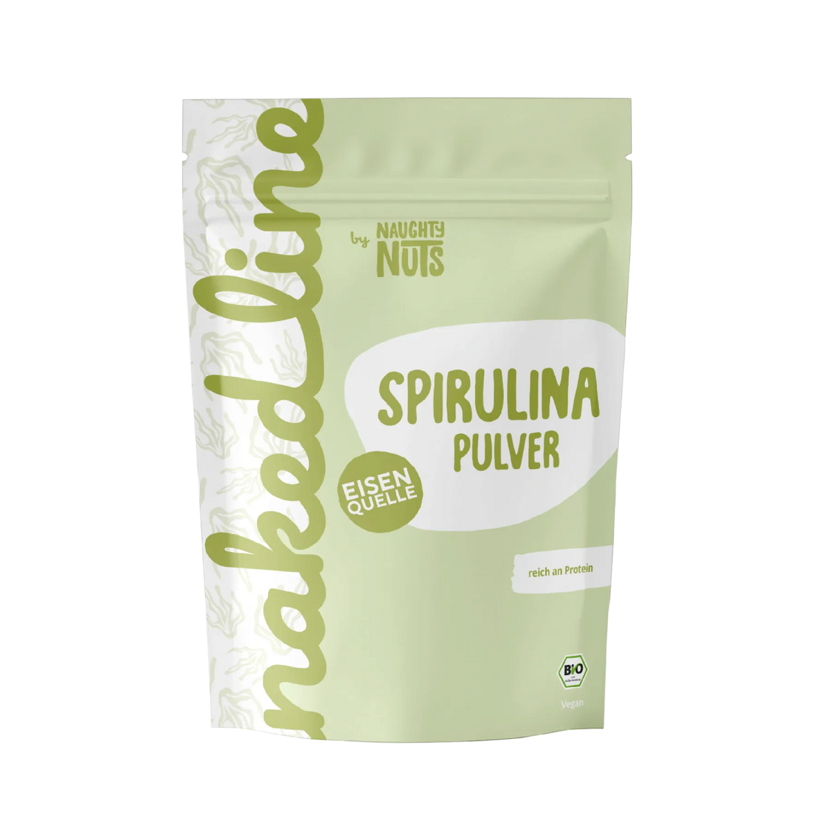 Naughty Nuts Spirulina Pulver in einer hellgrünen Standbodenbeutel Verpackung mit Bio Siegel