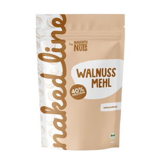 Beutel mit Walnuss Mehl von Naughty Nuts mit 40 Prozent Protein und Bio Siegel