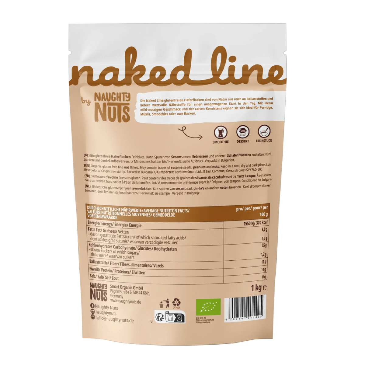 Rückseite der Verpackung von glutenfreien Haferflocken mit Nährwerttabelle und Produktinformationen