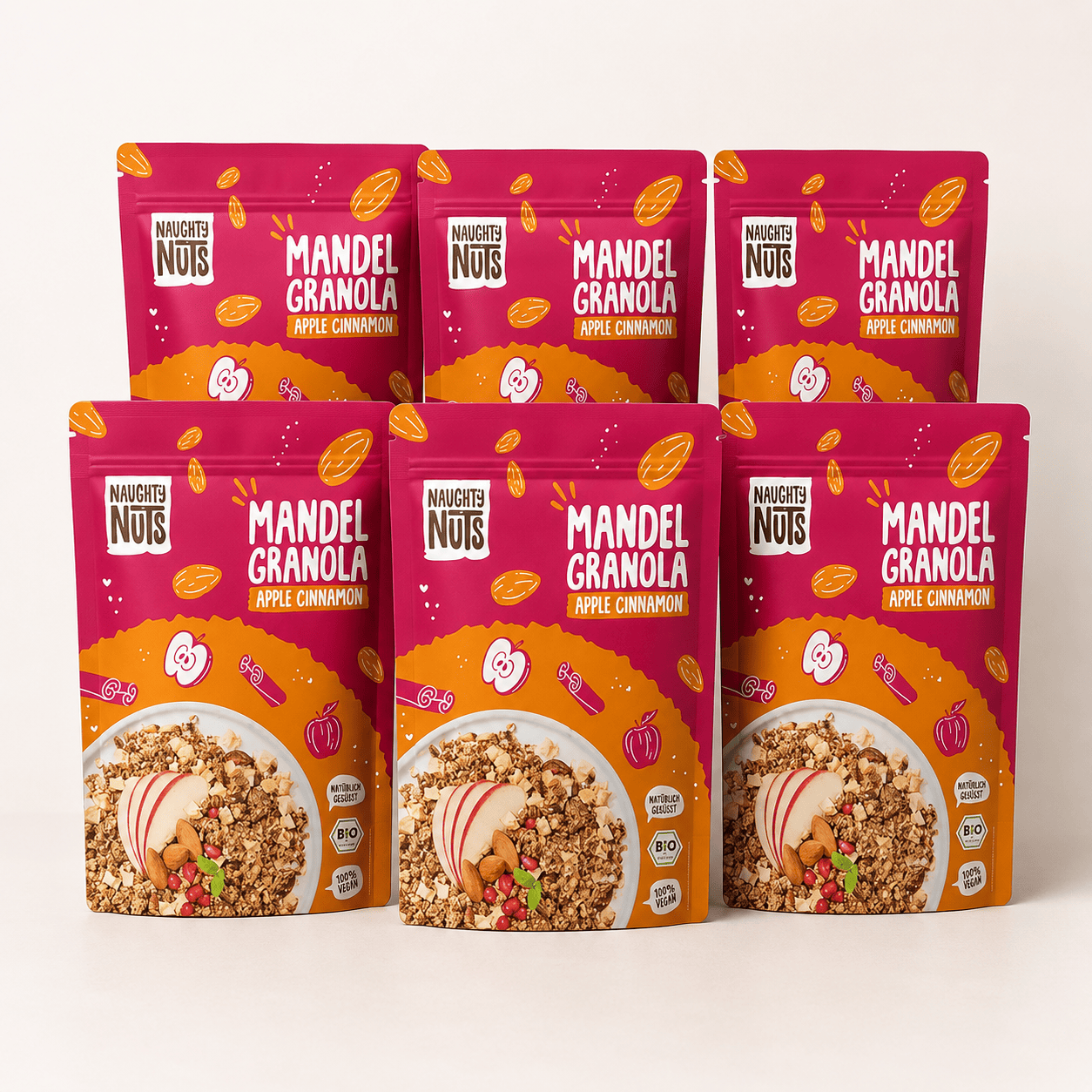 Sechs Packungen Bio Mandel Granola Apple Cinnamon