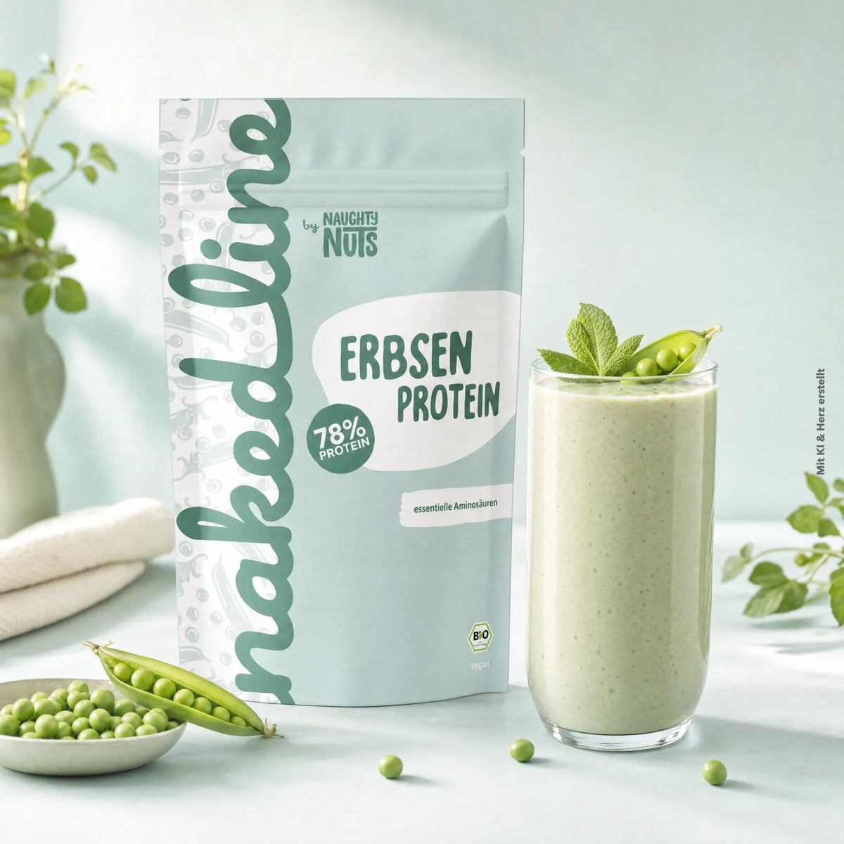 Nakedline Erbsenprotein Beutel neben einem Glas mit grünem Proteinshake und frischen Erbsen