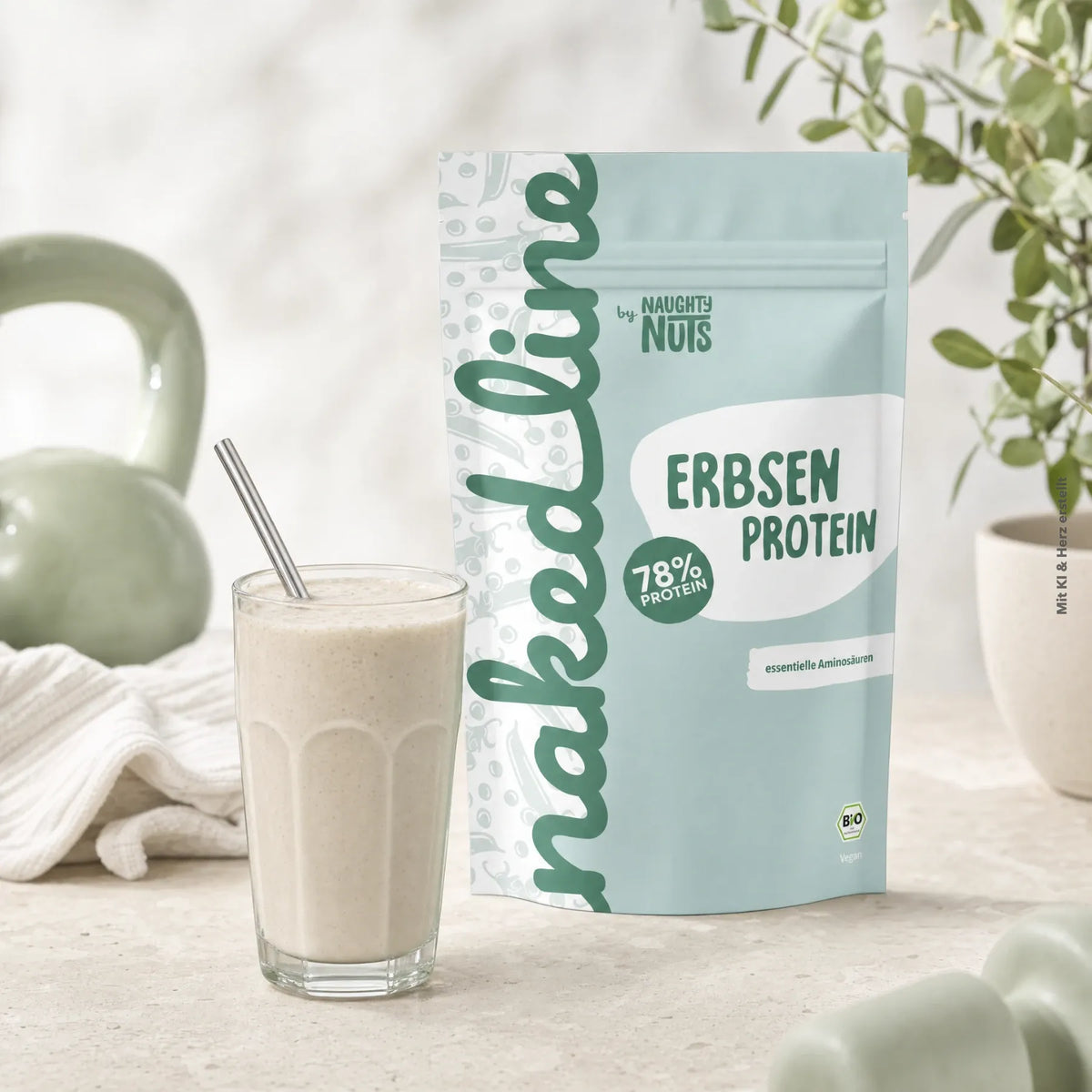Nakedline Erbsen Protein Beutel neben einem Glas mit Proteinshake und einer Kettlebell