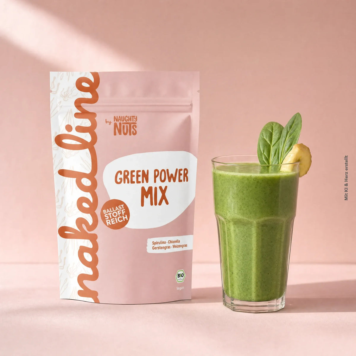 Green Power Mix Pulverbeutel neben einem Glas mit grünem Smoothie garniert mit Spinat und Bananenscheibe