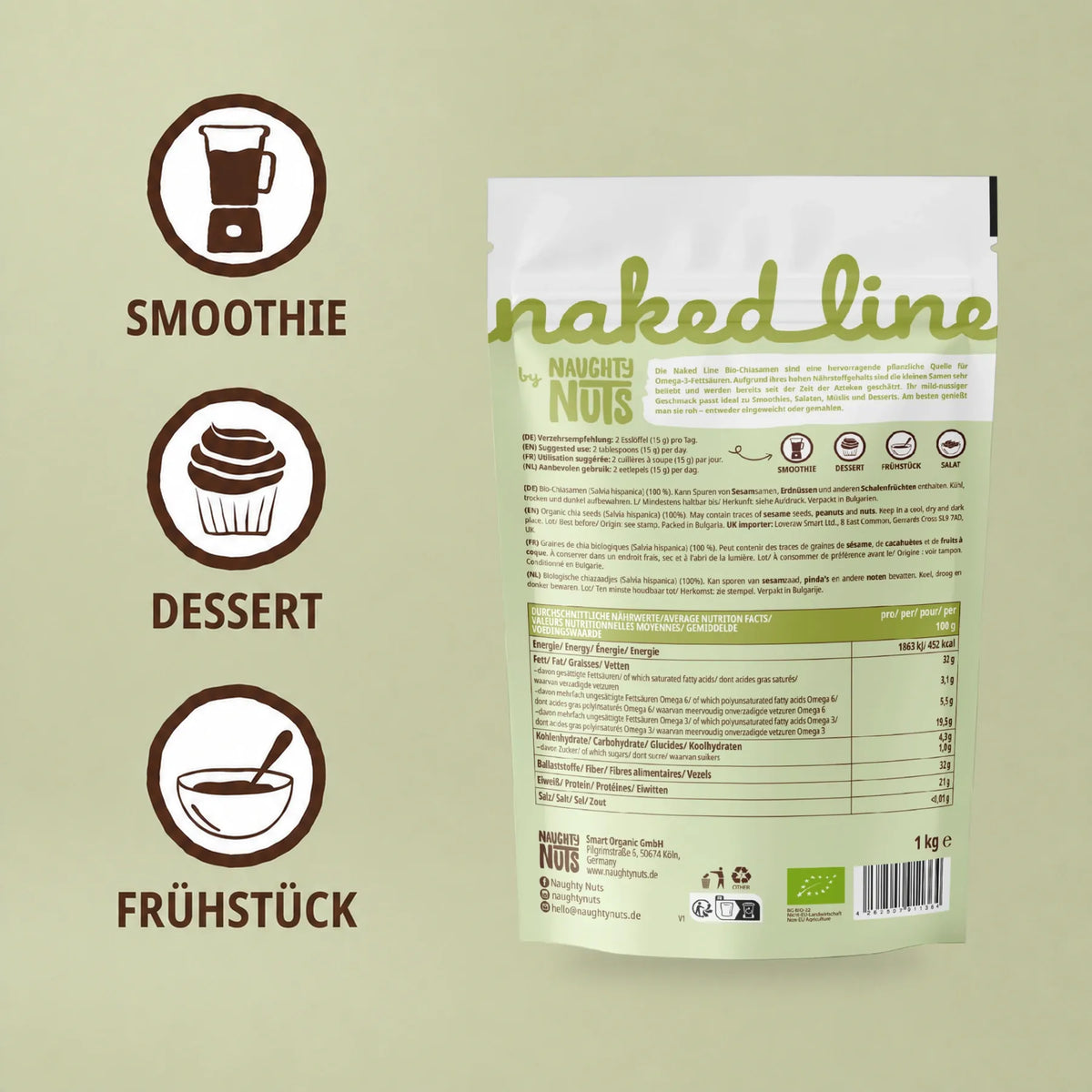 Rueckseite der Chia Samen Verpackung mit Naehrwerttabelle und Anwendungshinweisen