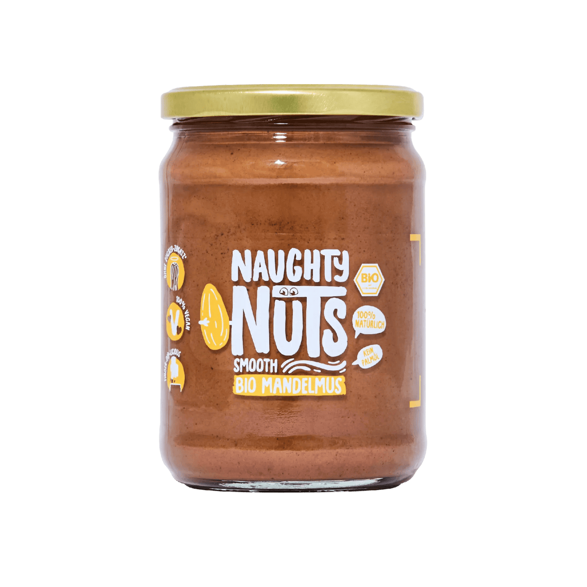 Bio Mandelmus Smooth im 500g Glas mit Naughty Nuts Logo