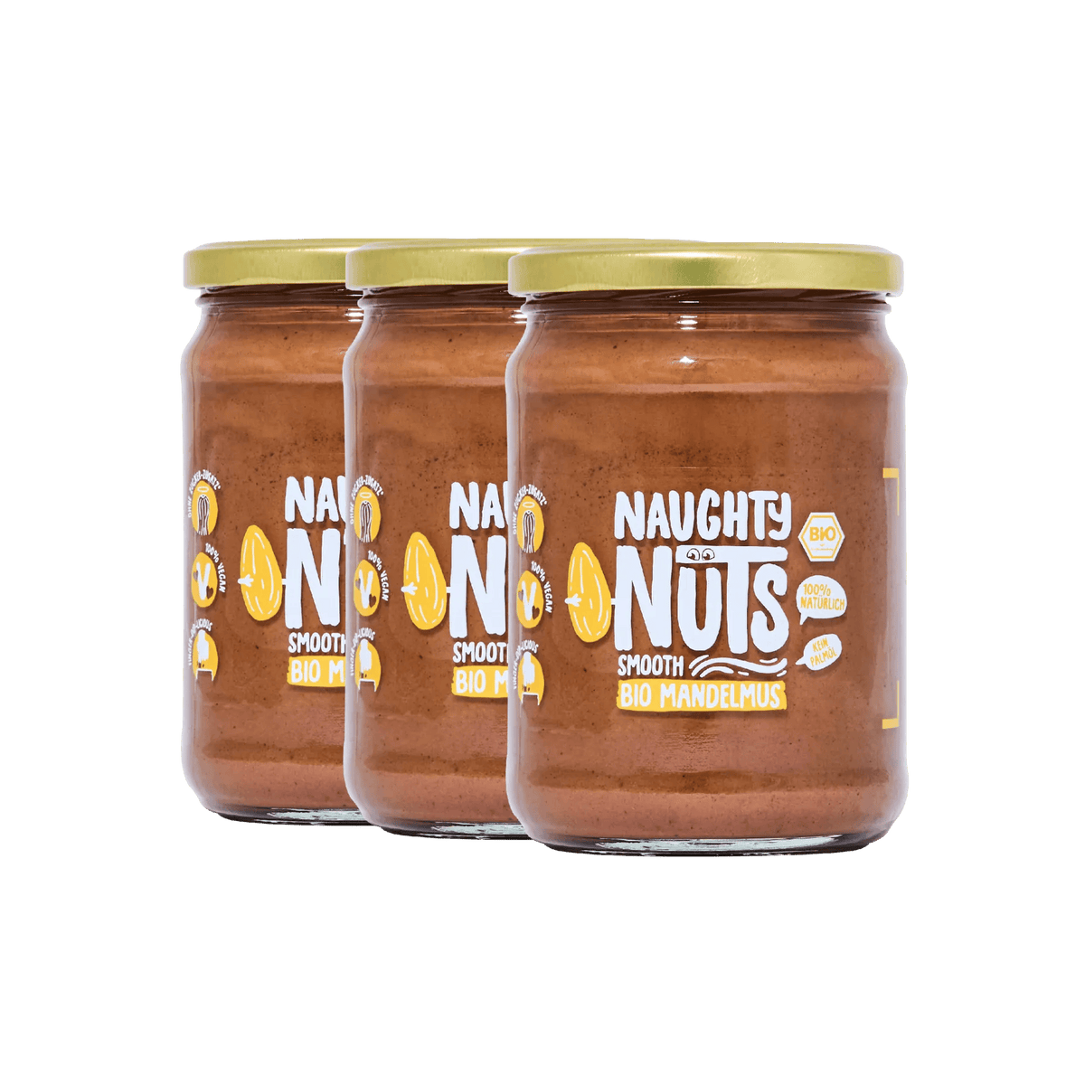 Drei Gläser Bio Mandelmus Smooth von Naughty Nuts vor weißem Hintergrund