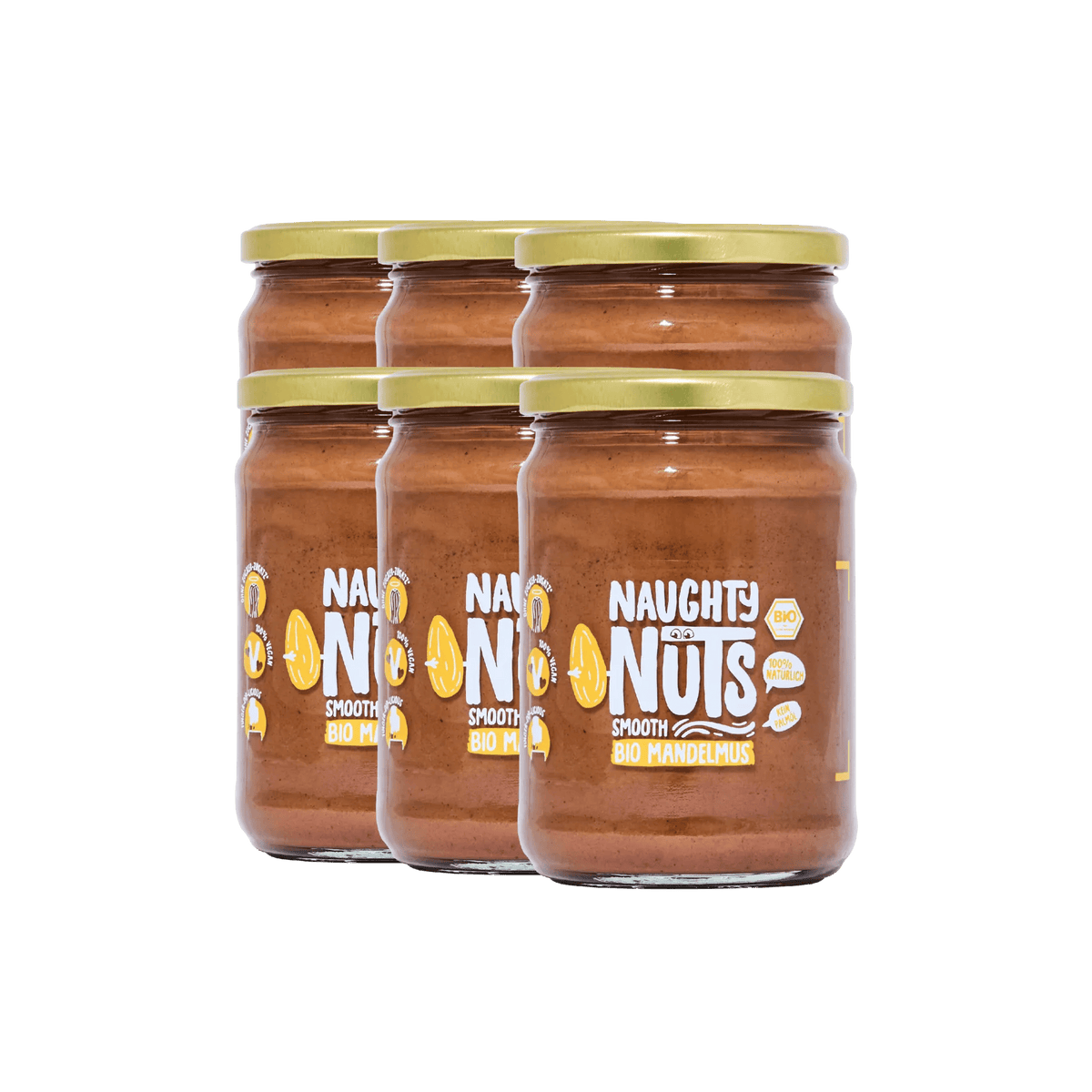 Sechs Gläser Bio Mandelmus Smooth 500g mit goldenem Deckel vor weißem Hintergrund